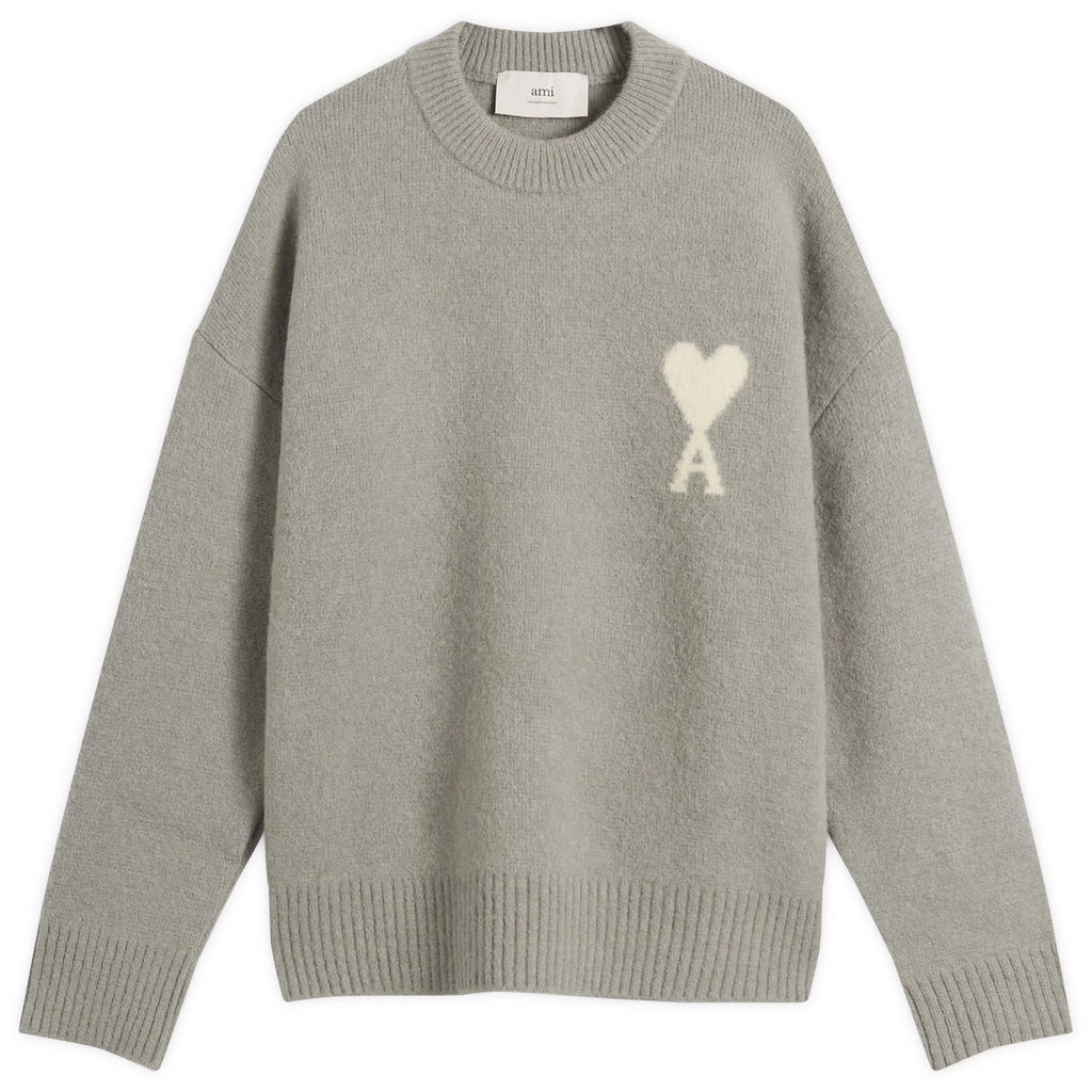 AMI Paris Men's Alpaca Knit ADC Crew Neck Jumper Gris/Ecru